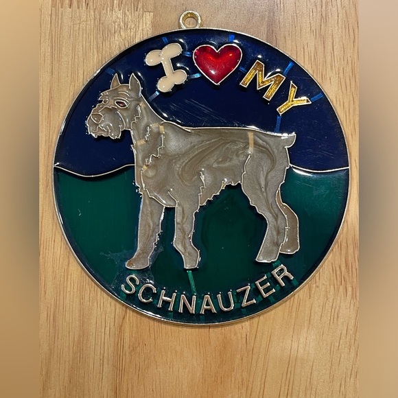 Vintage I Love My Schnauzer Dog Stained Glass Style Sun Catcher 4.25 Inch Round - Picture 1 of 5